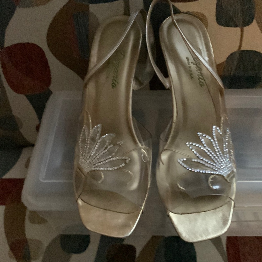 Sling back shoes clear and cream with white rhinestones open toe style
